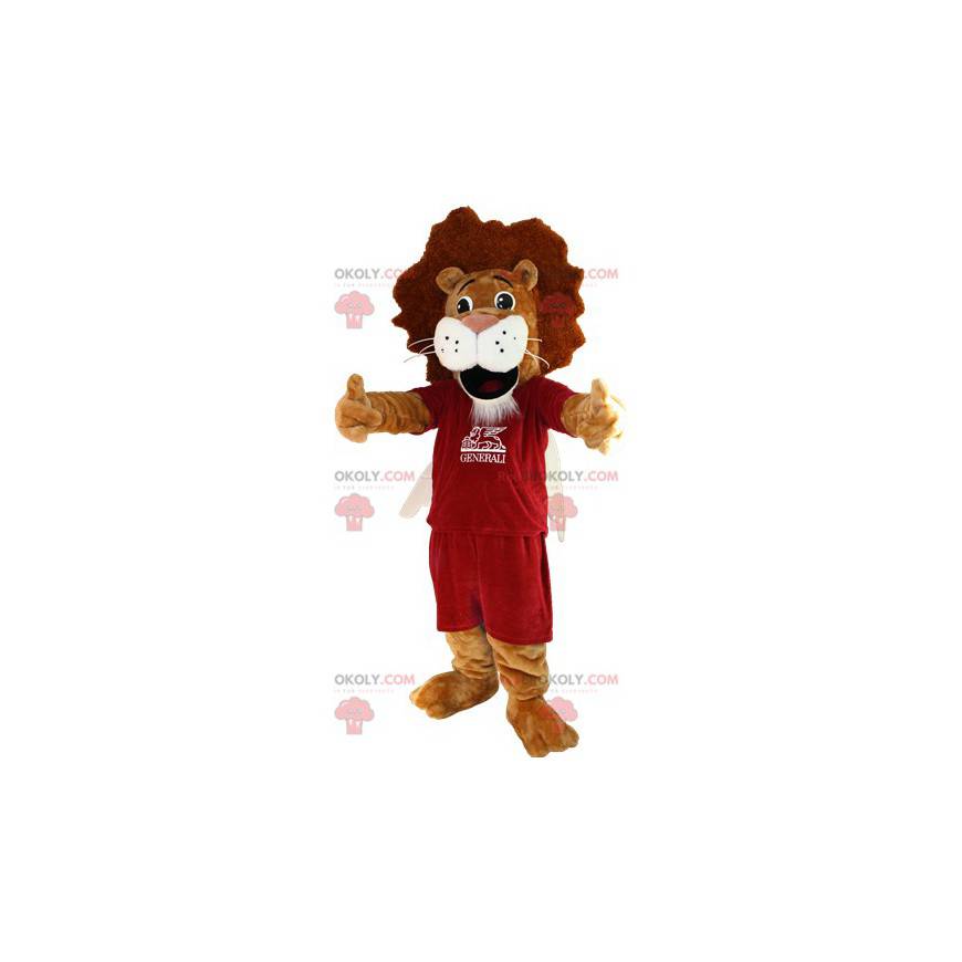 Mascota de león marrón y blanco en ropa deportiva -