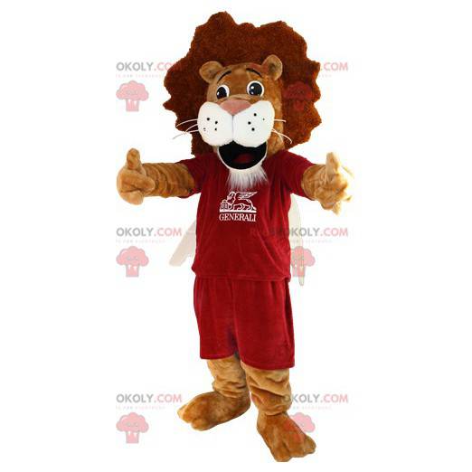 Mascotte de lion marron et blanc en tenue de sport -