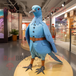 Sky Blue Passenger Pigeon mascot costume character dressed with a Jumpsuit and Hairpins