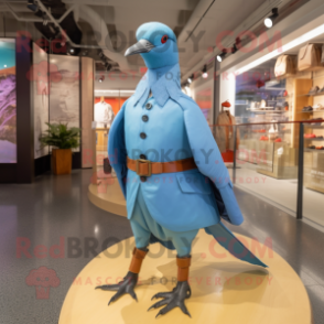 Sky Blue Passenger Pigeon mascot costume character dressed with a Jumpsuit and Hairpins