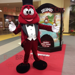 Maroon Shrimp Scampi mascot costume character dressed with a Tuxedo and Bracelet watches