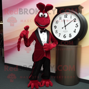 Maroon Shrimp Scampi mascot costume character dressed with a Tuxedo and Bracelet watches
