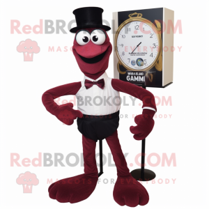 Maroon Shrimp Scampi mascot costume character dressed with a Tuxedo and Bracelet watches