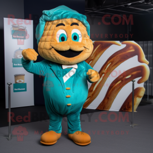 Teal Croissant mascot costume character dressed with a Jumpsuit and Pocket squares