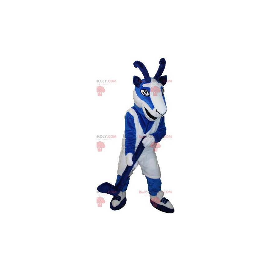 Blauwe en witte geit-geit-mascotte in hockeyuitrusting -