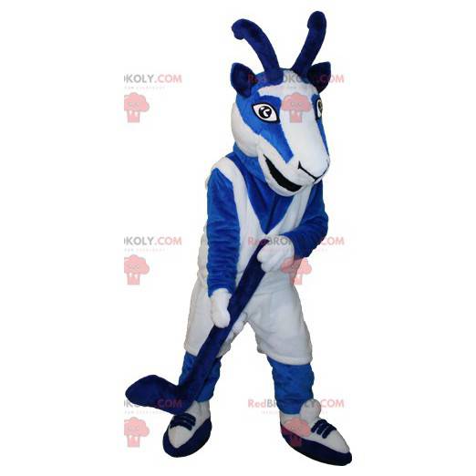 Mascote de cabra de cabra azul e branco em equipamento de