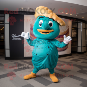 Teal Croissant mascot costume character dressed with a Jumpsuit and Pocket squares