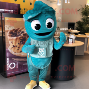 Teal Croissant mascot costume character dressed with a Jumpsuit and Pocket squares