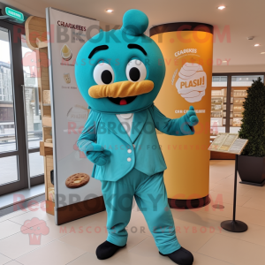 Teal Croissant mascot costume character dressed with a Jumpsuit and Pocket squares