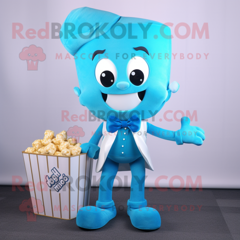 Cyan Pop Corn mascot costume character dressed with a Bootcut Jeans and Bow ties