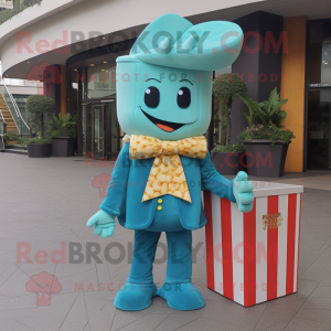 Cyan Pop Corn mascot costume character dressed with a Bootcut Jeans and Bow ties