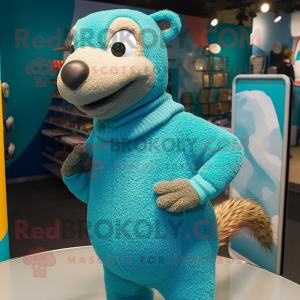 Teal Mongoose mascot costume character dressed with a Sweater and Earrings