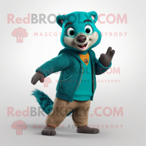 Teal Mongoose mascot costume character dressed with a Sweater and Earrings