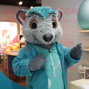Teal Mongoose mascot costume character dressed with a Sweater and Earrings