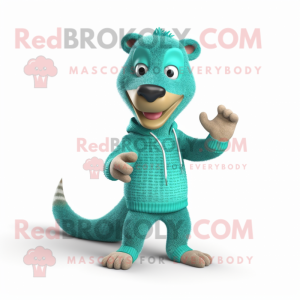 Teal Mongoose mascot costume character dressed with a Sweater and Earrings