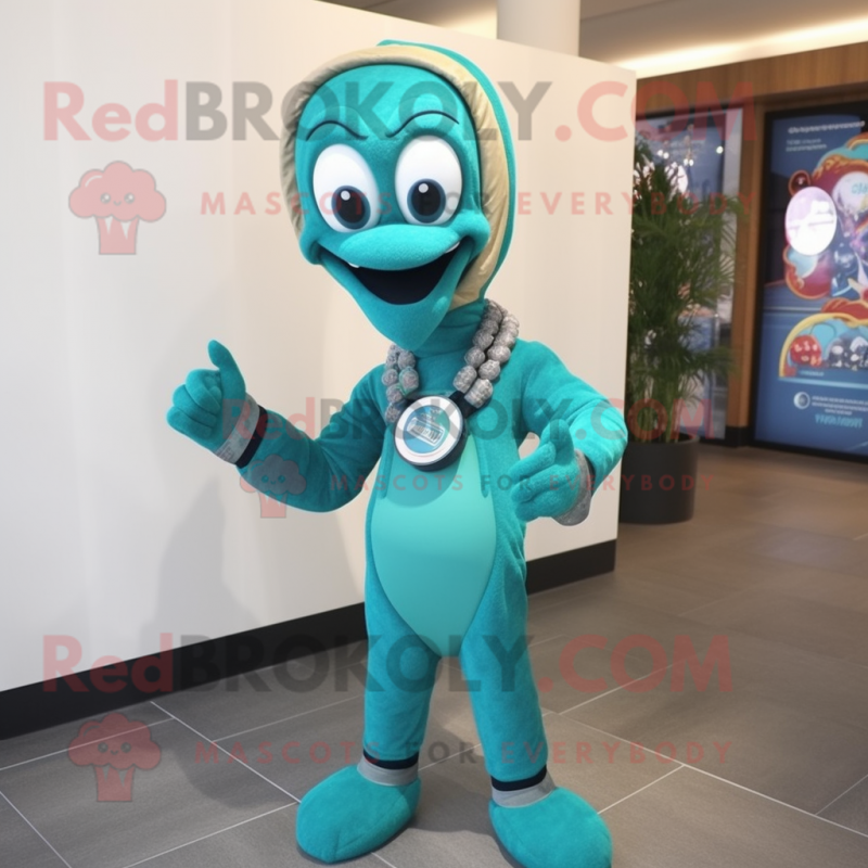 Teal Snake mascot costume character dressed with a Long Sleeve Tee and Bracelet watches