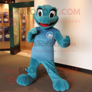 Teal Snake mascot costume character dressed with a Long Sleeve Tee and Bracelet watches