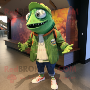 Green Fish Tacos mascot costume character dressed with a Bomber Jacket and Tie pins