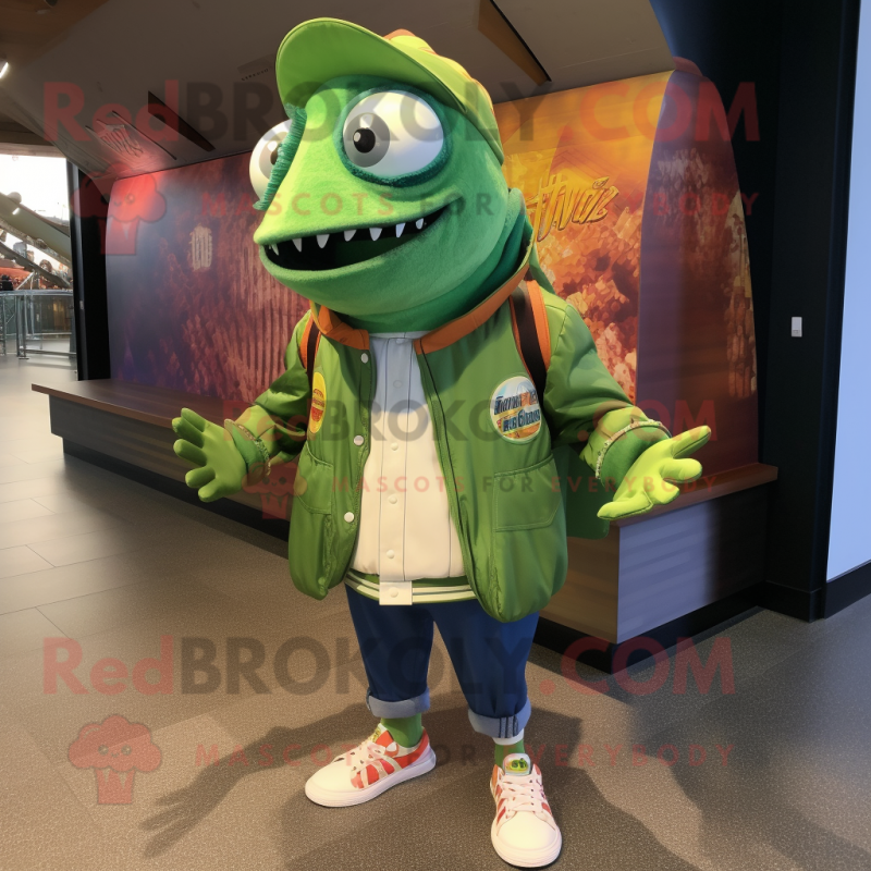 Green Fish Tacos mascot costume character dressed with a Bomber Jacket and Tie pins Green Fish Tacos mascot costume character dressed with a Bomber Jacket and Tie pins