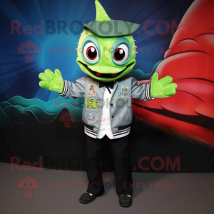 Green Fish Tacos mascot costume character dressed with a Bomber Jacket and Tie pins