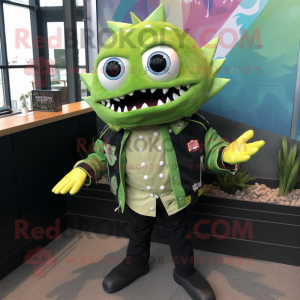 Green Fish Tacos mascot costume character dressed with a Bomber Jacket and Tie pins