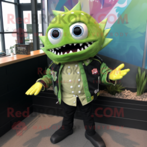Green Fish Tacos mascot costume character dressed with a Bomber Jacket and Tie pins