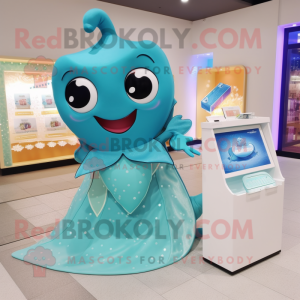 Cyan Stingray mascot costume character dressed with a Bikini and Coin purses