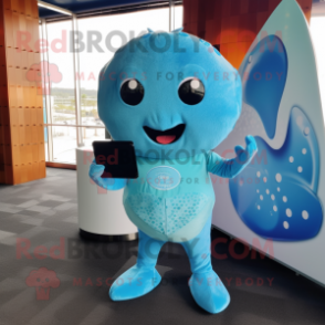 Cyan Stingray mascot costume character dressed with a Bikini and Coin purses
