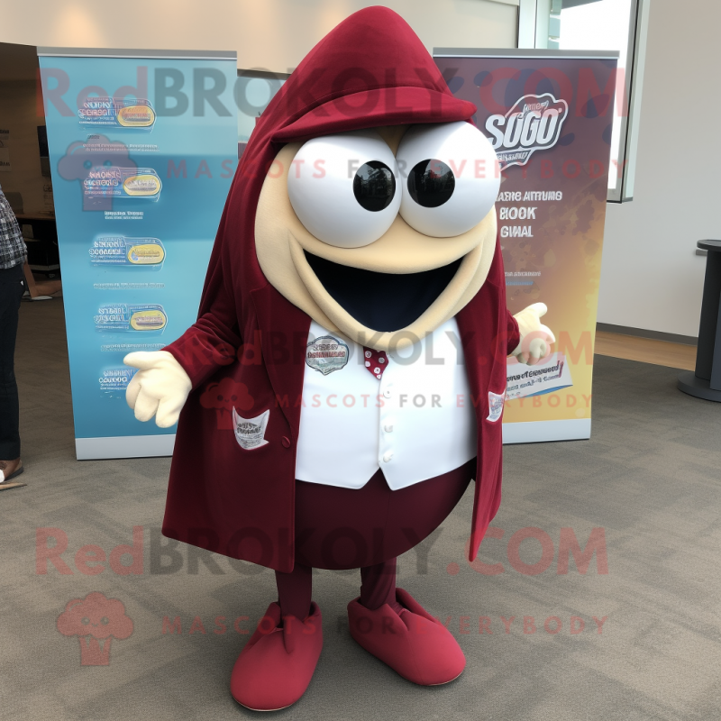 Maroon Clam Chowder mascot costume character dressed with a Suit Jacket and Keychains Maroon Clam Chowder mascot costume character dressed with a Suit Jacket and Keychains