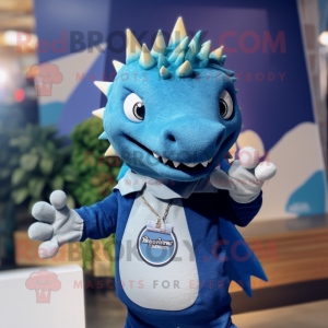 Blue Stegosaurus mascot costume character dressed with a Henley Tee and Lapel pins