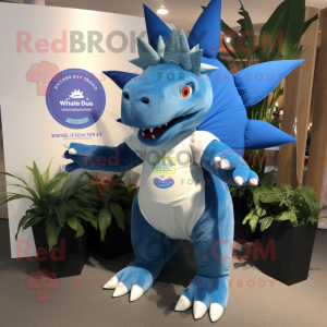 Blue Stegosaurus mascot costume character dressed with a Henley Tee and Lapel pins