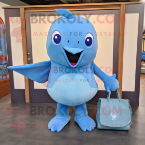 Sky Blue Stingray mascot costume character dressed with a Henley Tee and Handbags