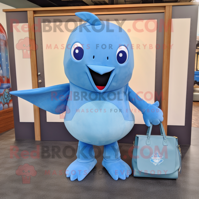Sky Blue Stingray mascot costume character dressed with a Henley Tee and Handbags Sky Blue Stingray mascot costume character dressed with a Henley Tee and Handbags