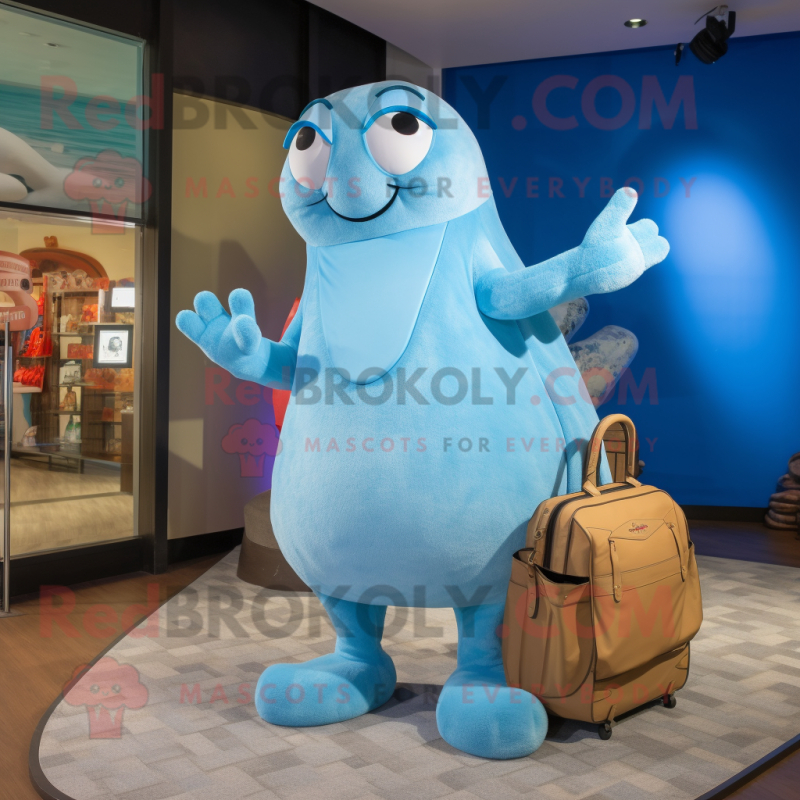 Sky Blue Stingray mascot costume character dressed with a Henley Tee and Handbags Sky Blue Stingray mascot costume character dressed with a Henley Tee and Handbags