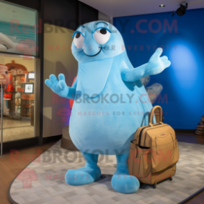 Sky Blue Stingray mascot costume character dressed with a Henley Tee and Handbags