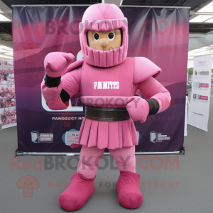 Pink Spartan Soldier mascot costume character dressed with a Corduroy Pants and Mittens