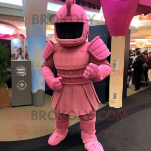 Pink Spartan Soldier mascot costume character dressed with a Corduroy Pants and Mittens