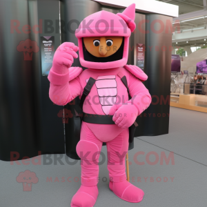 Pink Spartan Soldier mascot costume character dressed with a Corduroy Pants and Mittens