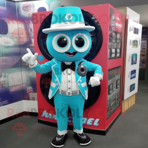 Turquoise Camera mascot costume character dressed with a Blazer and Digital watches