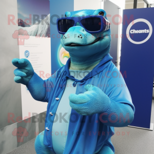Blue Iguanodon mascot costume character dressed with a Cardigan and Sunglasses