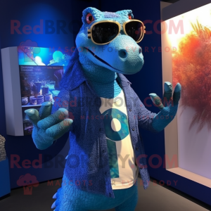 Blue Iguanodon mascot costume character dressed with a Cardigan and Sunglasses