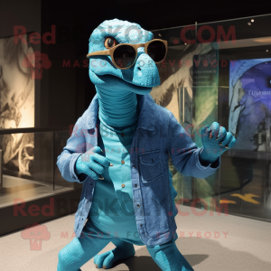 Blue Iguanodon mascot costume character dressed with a Cardigan and Sunglasses