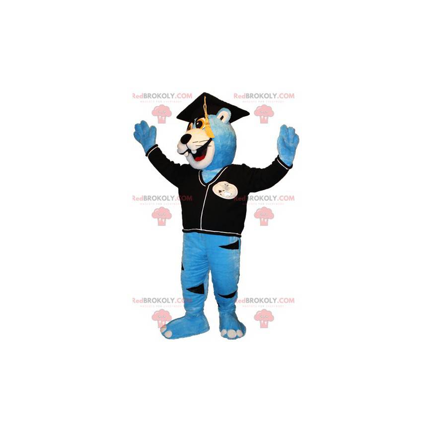 Mascotte d'ours bleu et blanc avec une toque de nouveau diplômé