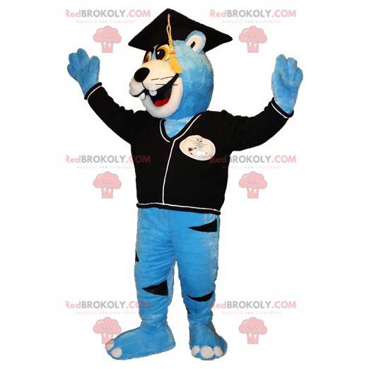 Mascota oso azul y blanco con sombrero de recién graduado -
