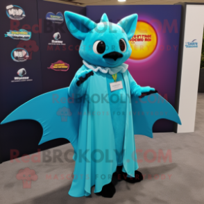 Turquoise Bat mascot costume character dressed with a Maxi Dress and Tie pins