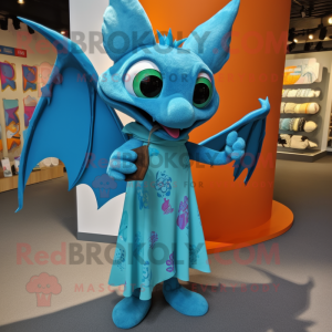 Turquoise Bat mascot costume character dressed with a Maxi Dress and Tie pins