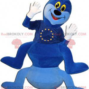 Mascotte del bruco blu e bianco molto sorridente -