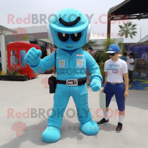 Cyan Para Commando mascot costume character dressed with a Mom Jeans and Bracelets