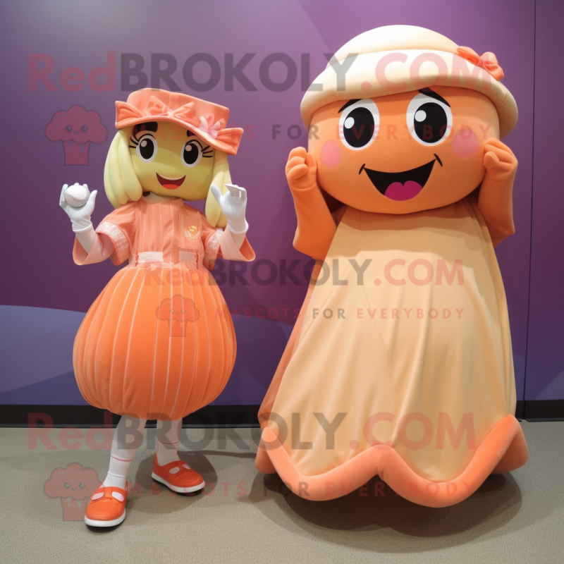 Peach Baseball Glove mascot costume character dressed with a A-Line Dress and Cummerbunds