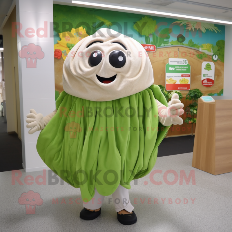 Tan Cabbage Leaf mascot costume character dressed with a Button-Up Shirt and Shawls Tan Cabbage Leaf mascot costume character dressed with a Button-Up Shirt and Shawls